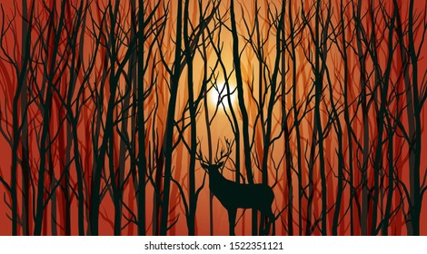 vector illustration of a deer in the woods at the sunset. forest landscape, wild animal
