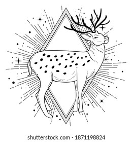 Ilustración vectorial de un estilo de arte de tatuajes de deerin. concepto de Navidad. Se puede usar para tatuajes, tarjetas de felicitación, camisetas impresas, productos de recuerdo y estuche de teléfono.