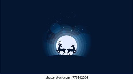 Vector illustration of deers couple looking at the full moon. Night sky with stars and cloud. Vector illustration background.