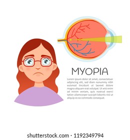 Vector illustration. Defects of vision myopia. Cute girl with glasses.
