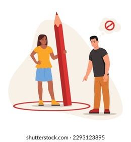 Vector illustration of defending personal boundaries. Cartoon scene with a girl in a circle holding a red pencil and a boy keeping his distance isolated on a white background. Social distance.