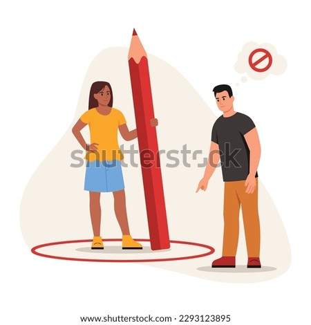 Vector illustration of defending personal boundaries. Cartoon scene with a girl in a circle holding a red pencil and a boy keeping his distance isolated on a white background. Social distance.