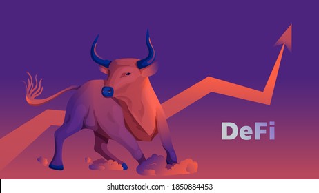 Vector illustration with defi decentralized finance bullish trend. The bull is turning and the arrow is pointing up. Gradient style.