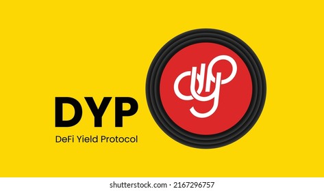 Vector illustration of Defi yield protocol DYP crypto currency logo on yellow background with copy space. Defi yield protocol DYP cryptocurrency token logo or symbol banner.