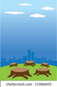 Vector illustration of deforestation against a cityscape in the background.