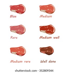 Vector illustration Degree of steak readiness icons  set. Blue rare medium well, well done.