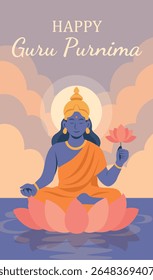 Vector illustration of a deity meditating on a lotus with the inscription Happy Guru Purnima. Symbolizes respect for spiritual teachers and veneration of knowledge in Hindu culture