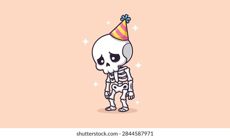 A vector illustration of a dejected skeleton character wearing a colorful party hat on a plain background representing sadness and irony