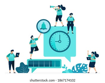vector illustration of delayed conversation metaphors. message scheduling. time for message delivery progress. women and men workers. designed for website, web, landing page, apps ui ux, poster, flyer