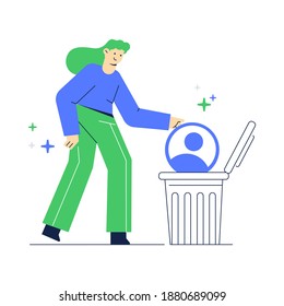 Vector illustration of delete an social media account. Women throw account data in the trash.