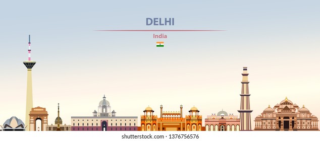 Vector illustration of Delhi city skyline on colorful gradient beautiful daytime background 