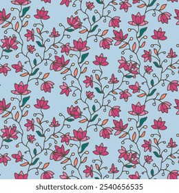 Vector illustration of delicate flowers on a blue background, seamless pattern in a decorative style. Suitable for textiles and wallpaper.