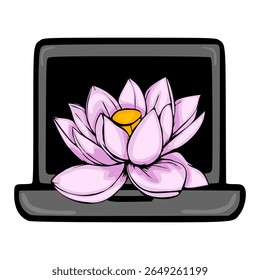 Ilustração vetorial de uma delicada flor de lótus rosa florescendo dentro de uma tela de laptop, simbolizando a conexão das tecnologias com a natureza e a serenidade.