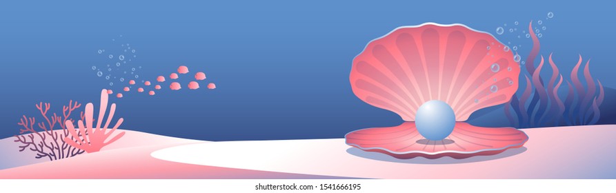 Vector illustration of delicate pink underwater landscape with shell and pearl