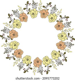 vector illustration delicate wreath of flowers,herbs,branches with foxes and berries,for invitation,congratulation or card