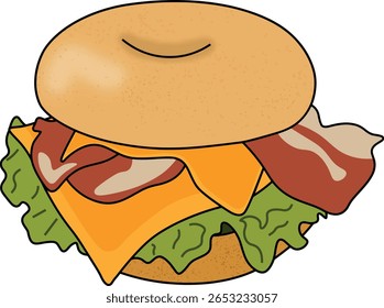 Vector illustration of a delicious bagel sandwich featuring crispy bacon, melted cheddar cheese, and fresh lettuce.