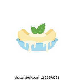 Vector illustration of a delicious banana split ice cream dessert with whipped cream and mint leaves