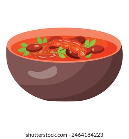 Vector illustration of delicious bean soup garnished with parsley in a brown bowl