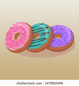 Vector illustration of delicious and beautiful donuts with different flavors. Donuts lie on a light background
