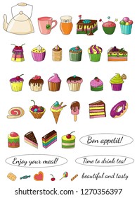 Vector illustration of delicious beautiful doodle-style cakes.