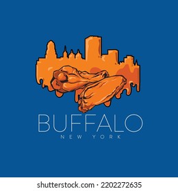 Vector illustration of delicious Buffalo wings set against the skyline of Buffalo, New York