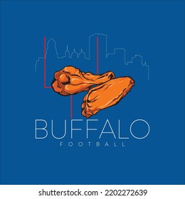 Vector illustration of delicious Buffalo wings set against the skyline of Buffalo, New York