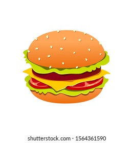 Vector illustration of a delicious burger with a bun with sesame seeds, slices of tomatoes and a cutlet 