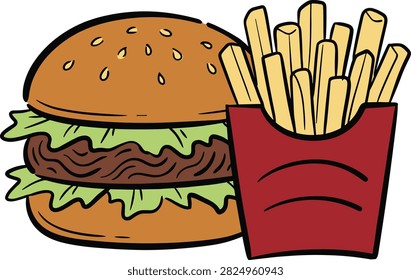 Vector illustration of a delicious burger and crispy french fries in a red carton box perfect for food service