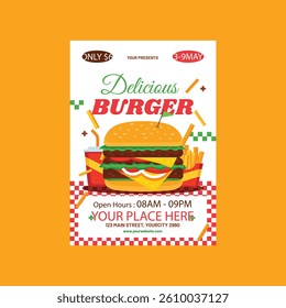 Vector illustration of delicious burger flyer poster template design