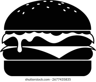 Ilustración vectorial de una deliciosa hamburguesa con capas de pan, queso, lechuga, tomate y carne. Perfecto para gráficos de comida, marca de restaurantes, menús, carteles y diseños de comida rápida.