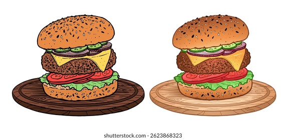 Vector illustration of a delicious burger with vegetables and sesame bun on wooden board. Flat food image, isolated.