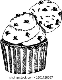 vector  illustration. delicious cake with pieces of chocolate. muffin with vanilla cream. cookies and chocolate. Graphic sketch 