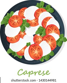Vector illustration of delicious caprese salad with ripe tomatoes and mozzarella cheese with fresh basil leaves. Italian food isolated on white background.