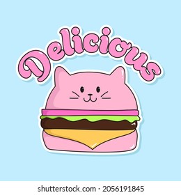 VECTOR ILLUSTRATION OF A DELICIOUS CAT SHAPED BURGER, SLOGAN PRINT