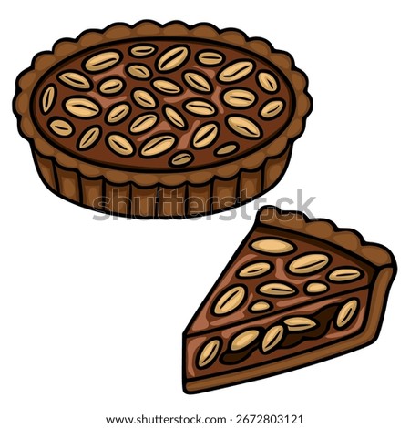 A vector illustration of a delicious chocolate peanut tart, showcasing a whole tart and a slice, emphasizing the rich brown color and detailed peanut toppings.