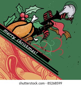 vector illustration of a delicious christmas turkey,  green  sprigs of holly and fantasy trumpet