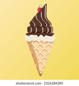 Vector illustration delicious colorful ice cream waffle con. Icecream chocolate scoops isolated. on yellow background. Idea for poster, product, t-shirt. Vector icon ice cream cone.