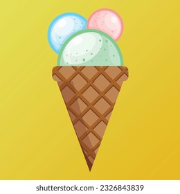 Vector illustration delicious colorful ice cream waffle con. Icecream lemon blueberry strawberry scoops waffle cone. on yellow background. Idea for poster, product, t-shirt. Vector icon ice cream cone