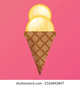 Vector illustration delicious colorful ice cream waffle con. Icecream vanilla scoops waffle cone. on pink background. Idea for poster, product, t-shirt. Vector icon ice cream cone.