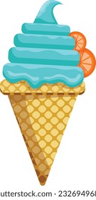 Vector illustration delicious colorful ice cream waffle cone. Icecream blueberry scoops orange topping waffle cone. on white background. Idea for poster, product, t-shirt. Vector icon ice cream cone.