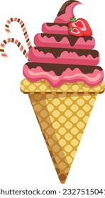Vector illustration delicious colorful ice cream waffle cone. Icecream strawberry chocolate scoops waffle cone. on white background. Idea for poster, product, t-shirt. Vector icon ice cream cone.