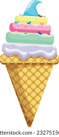 Vector illustration delicious colorful ice cream waffle cone. Icecream rainbow scoops waffle cone. on white background. Idea for poster, product, t-shirt. Vector icon ice cream cone.