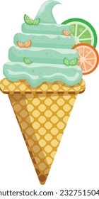 Vector illustration delicious colorful ice cream waffle cone. Icecream lemom lime scoops waffle cone. on white background. Idea for poster, product, t-shirt. Vector icon ice cream cone.