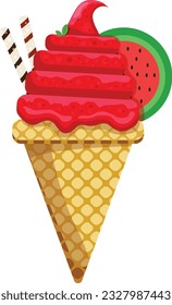 Vector illustration delicious colorful ice cream waffle cone. Icecream watermelon scoops waffle cone. on white background. Idea for poster, product, t-shirt. Vector icon ice cream cone.