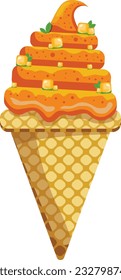 Vector illustration delicious colorful ice cream waffle cone. Icecream mango scoops waffle cone. on white background. Idea for poster, product, t-shirt. Vector icon ice cream cone.