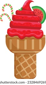 Vector illustration delicious colorful ice cream waffle cone. Icecream watermelon scoops waffle cone. on white background. Idea for poster, product, t-shirt. Vector icon ice cream cone.