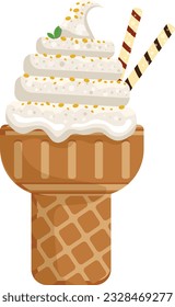 Vector illustration delicious colorful ice cream waffle cone. Icecream coconut soybeans scoops waffle cone. on white background. Idea for poster, product, t-shirt. Vector icon ice cream cone.