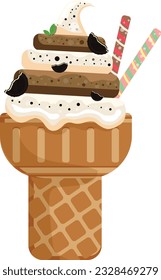Vector illustration delicious colorful ice cream waffle cone. Icecream coffee cookie cream scoops waffle cone. on white background. Idea for poster, product, t-shirt. Vector icon ice cream cone.