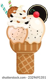 Vector illustration delicious colorful ice cream waffle cone. Icecream cookie cream scoops waffle cone. on white background. Idea for poster, product, t-shirt. Vector icon ice cream cone.