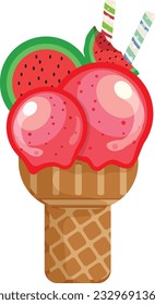 Vector illustration delicious colorful ice cream waffle cone. Icecream watermelon scoops waffle cone. on white background. Idea for poster, product, t-shirt. Vector icon ice cream cone.
